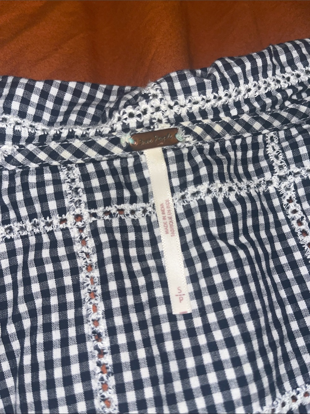 Free People Blue and White Gingham Button Front Cropped Top with Collar - Picture 3 of 5